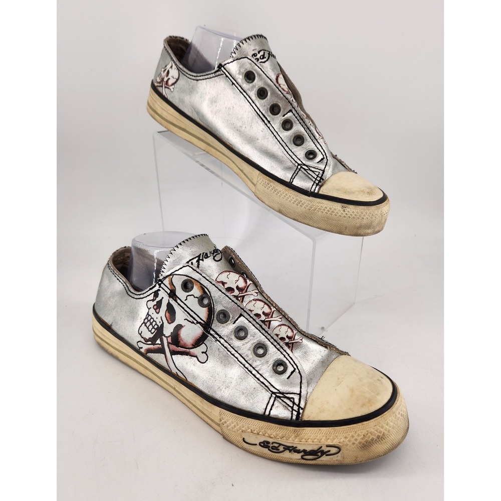 Ed Hardy Laceless Sneakers Mens 10 Silver Skull Tattoo Leather Low Top Slip On
